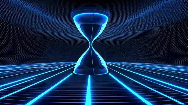 A glowing hourglass stands in a futuristic digital landscape of blue lights