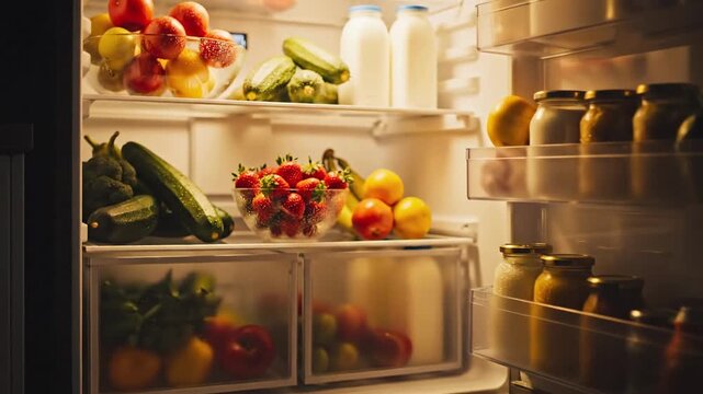 A brightly lit refrigerator interior showcasing fresh food