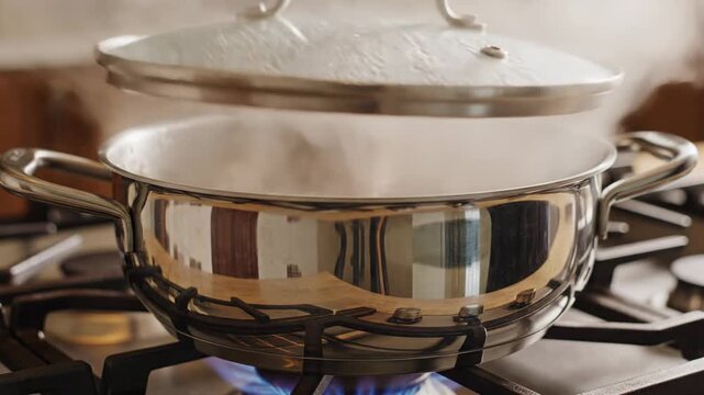 A stainless steel cooking pot with steam rising from boiling water