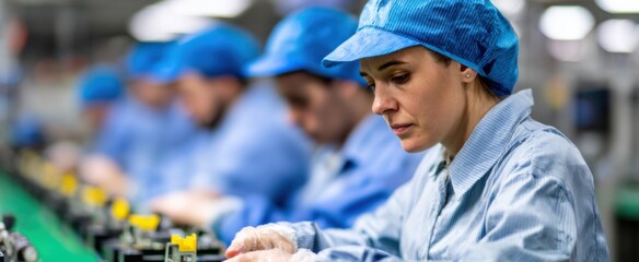 the factory assembly line crew skillfully putting together items