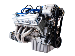 a close up of a car engine with blue wires