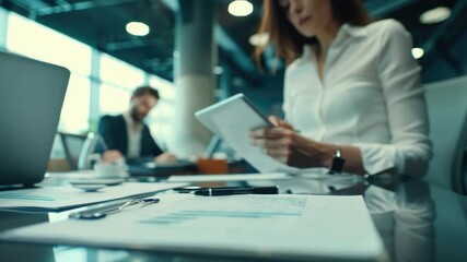 Two individuals engaged in a work-related discussion at an office desk.