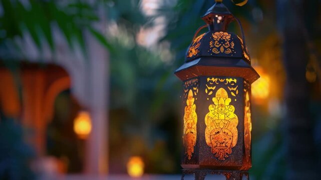 A warmly lit lantern hangs from a pole, glowing against the soft twilight. The silhouette of an old building adds to the serene atmosphere.