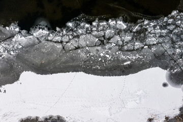 The texture of a frozen lake and pieces of floating ice in the water. Winter landscape from a drone.