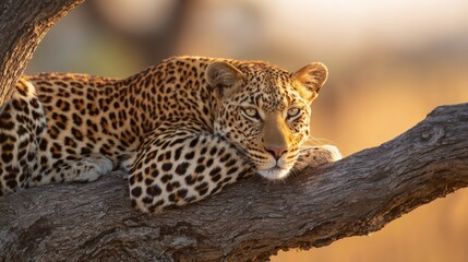 Naklejka premium Resting Leopard on a Tree Branch in Savanna During Golden Hour