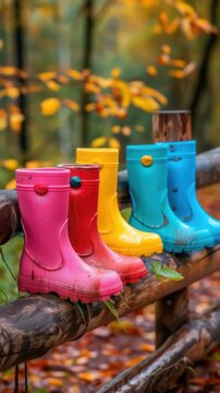 Colorful rain boots are lined up on a wooden fence rail in an autumnal setting with fallen leaves.