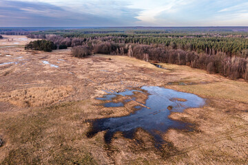 Wild river landscape autumn view from a drone in Poland.