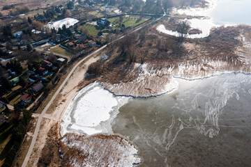 Beautiful natural landscapes from a drone. Frozen Lake Dabie in Poland.