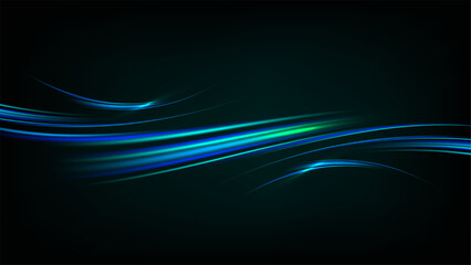 Abstract digital motion background with glowing turquoise light waves and neon streaks depicting energy flow and fiber optic data transmission in a dark space