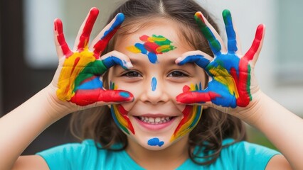 Little girl with painted hands and face smiling at camera
