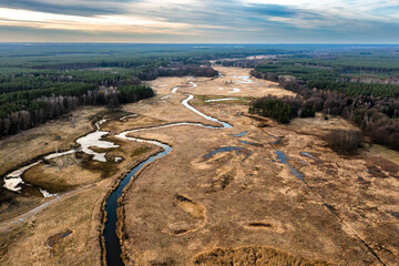 Wild river landscape autumn view from a drone in Poland.
