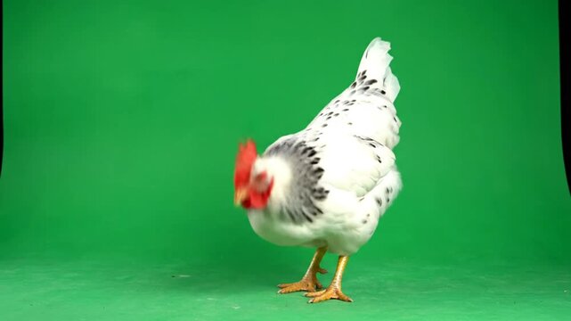 White and black speckled hen on green screen studio background looking down, clucking and pecking on the ground