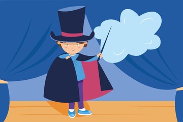 A boy - a magician performs a spell on the stage