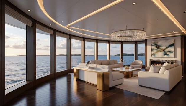 Luxury yacht interior with panoramic sea views, seating area, chandelier, and a fireplace