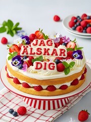 Celebration Cake With Fresh Berries, Cream, Flowers, And &lsquo;Jag &Auml;lskar Dig&rsquo; Message