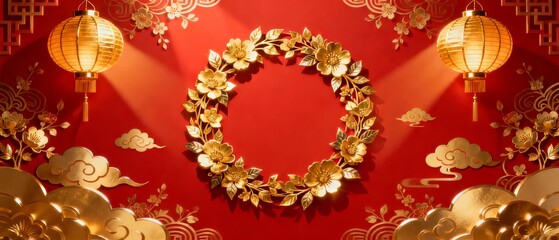 Golden floral wreath and traditional lanterns adorn a vibrant red background with cloud motifs evoking a festive and celebratory atmosphere.