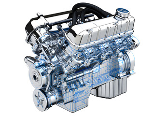 a detailed view of a car engine with blue lines