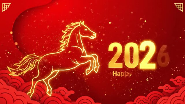 Stunning Chinese New Year celebration background illustration with a powerful glowing horse silhouette dynamic golden particles symbolizing strength and prosperity against deep festive red Perfect