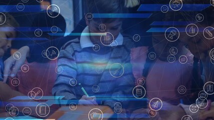 Animation of network of connections over diverse schoolchildren and teacher in classroom - Powered by Adobe