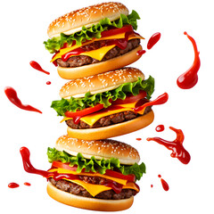 Stacked cheeseburgers with vibrant toppings and splashes of ketchup on a black background