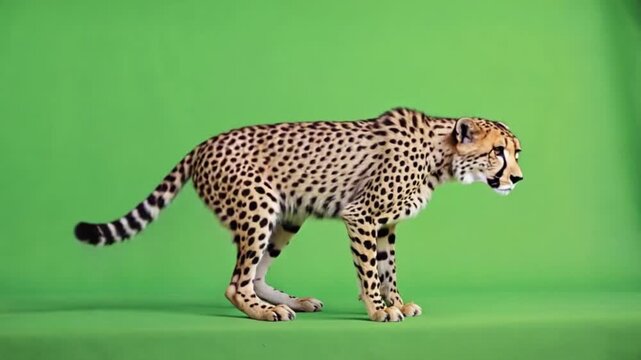 A cheetah walks across a green screen in a video showcasing its natural beauty and agility.