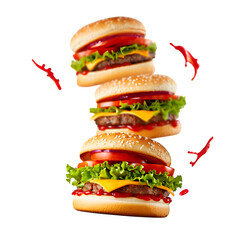 A towering stack of delicious burgers with fresh toppings and spicy chili peppers