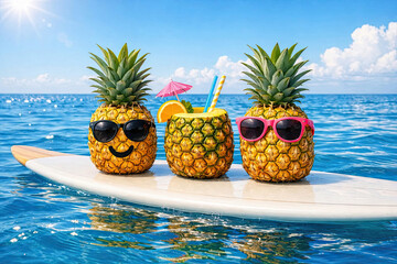 Three funny pineapples stand on a surfboard floating in the sea. Beach buffet.