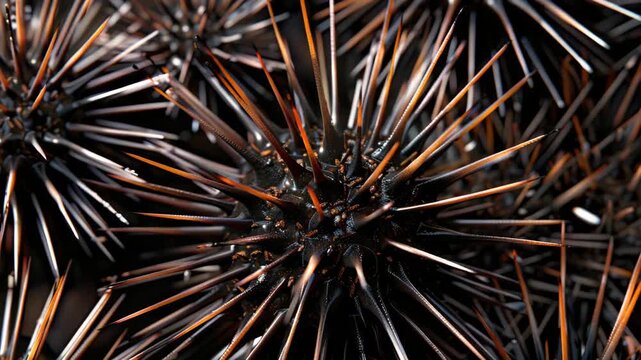Detailed showing the spiky exterior of a sea urchin.