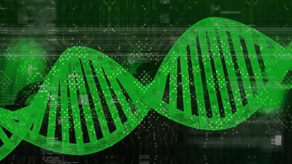 Animation of interference and dna strand over computer circuit board and data processing - Powered by Adobe