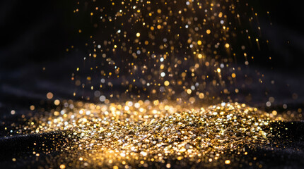 Golden particles are falling and accumulating in a pile with a bright glow on a dark surface creating a textured and luminous effect