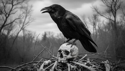 Obraz premium A black bird perches atop a skull, surrounded by skeletal remains and leafless trees