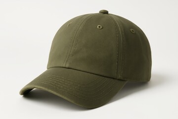 Fototapeta premium Olive green baseball cap with stitching detail on a plain white background showcasing minimalist headwear fashion concept in close-up view. Ai generative