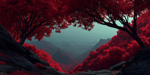 Beautiful of red leafs in red jungle landsacpe , dark color tone.