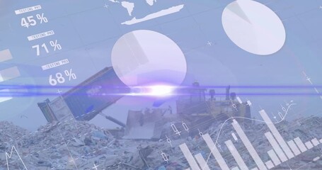Animation of multiple graphs and data moving over garbage trunk unloading junk at landfill - Powered by Adobe