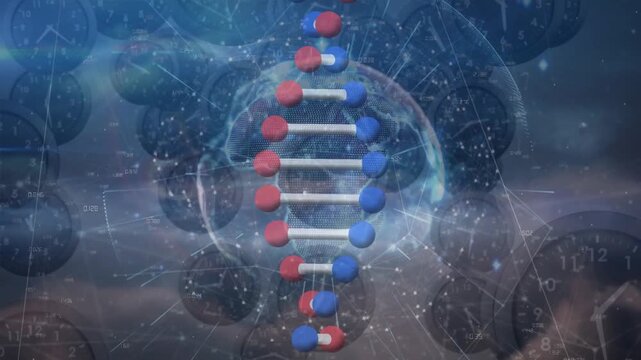 Animation of dna strand and globe over clocks