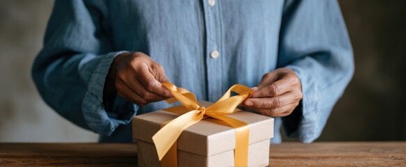 Person skillfully folding colorful paper to elegantly wrap a gift box with ribbon