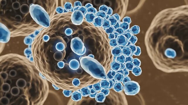 The pancreas during early metabolic imbalance, beta cells showing reduced pulsing and fewer insulin vesicles moving toward the membrane. Glucose particles accumulate outside, drifting in slow