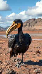 Obraz premium Rare reconstruction of an extinct dodo, emphasizing its stout build and peculiar beak, on a desolate island background, wildlife art, extinct species
