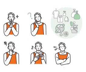 Illustration of a man experiencing various emotions and actions related to clothing and personal care products depicted nearby