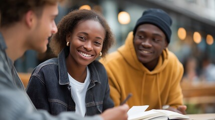 Small group having a casual coffee discussion at a cafe, notebooks shared while they negotiate timelines, budgets, friendly gestures and focused notes during an informal business meeting outdoors.