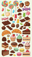 Assorted Sweet Treats and Desserts with Colorful Lollipops and Chocolate