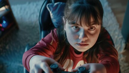 of young girl playing video games with focused expression.