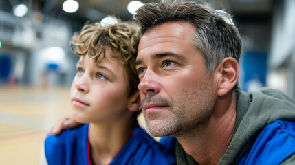 Medium shot of dad and son in sports jerseys leaning shoulder to shoulder on an indoor basketball court, focused expressions before practice, soft cinematic lighting