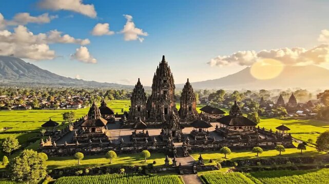 Aerial view of the ancient Prambanan Temple complex in Indonesia with rice fields and mountain landscape at sunset