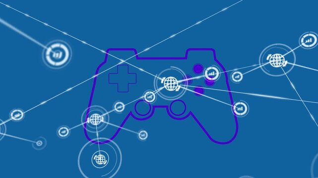 Animation of network of digital icons over video game controller icon against blue background - Powered by Adobe