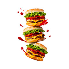 A stacked double cheeseburger with lettuce tomato and ketchup splashes on black background