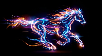 Vibrant neon horse running with glowing colorful mane and tail