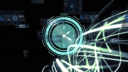Animation of clock and moving digital dots on black background - Powered by Adobe