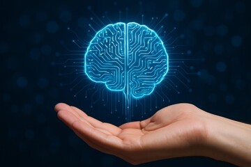 Human hand holding a glowing digital brain with circuits symbolizing artificial intelligence concept on dark background in futuristic graphic style. Ai generative