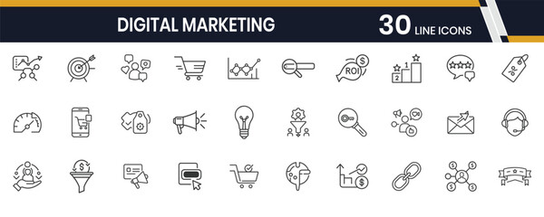 Digital Marketing Icons: A collection of meticulously crafted line icons representing the essence of digital marketing strategies and tools. Explore a diverse array of visual concepts.